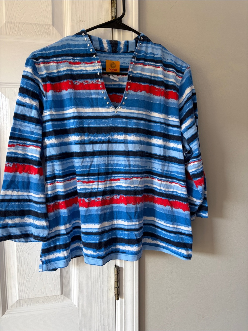 Blue Striped V-Neck Tunic with Red Accent